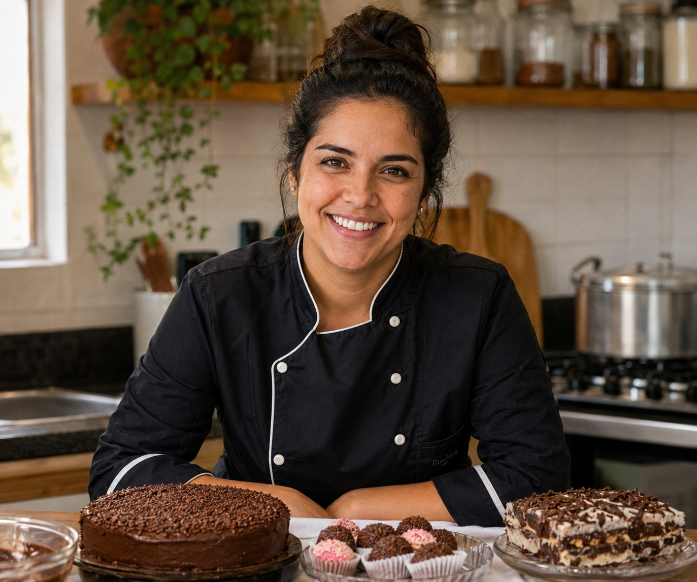 Chef Mariana Alves, criadora do Comida que Vende, sorrindo na cozinha com doces e salgados à frente