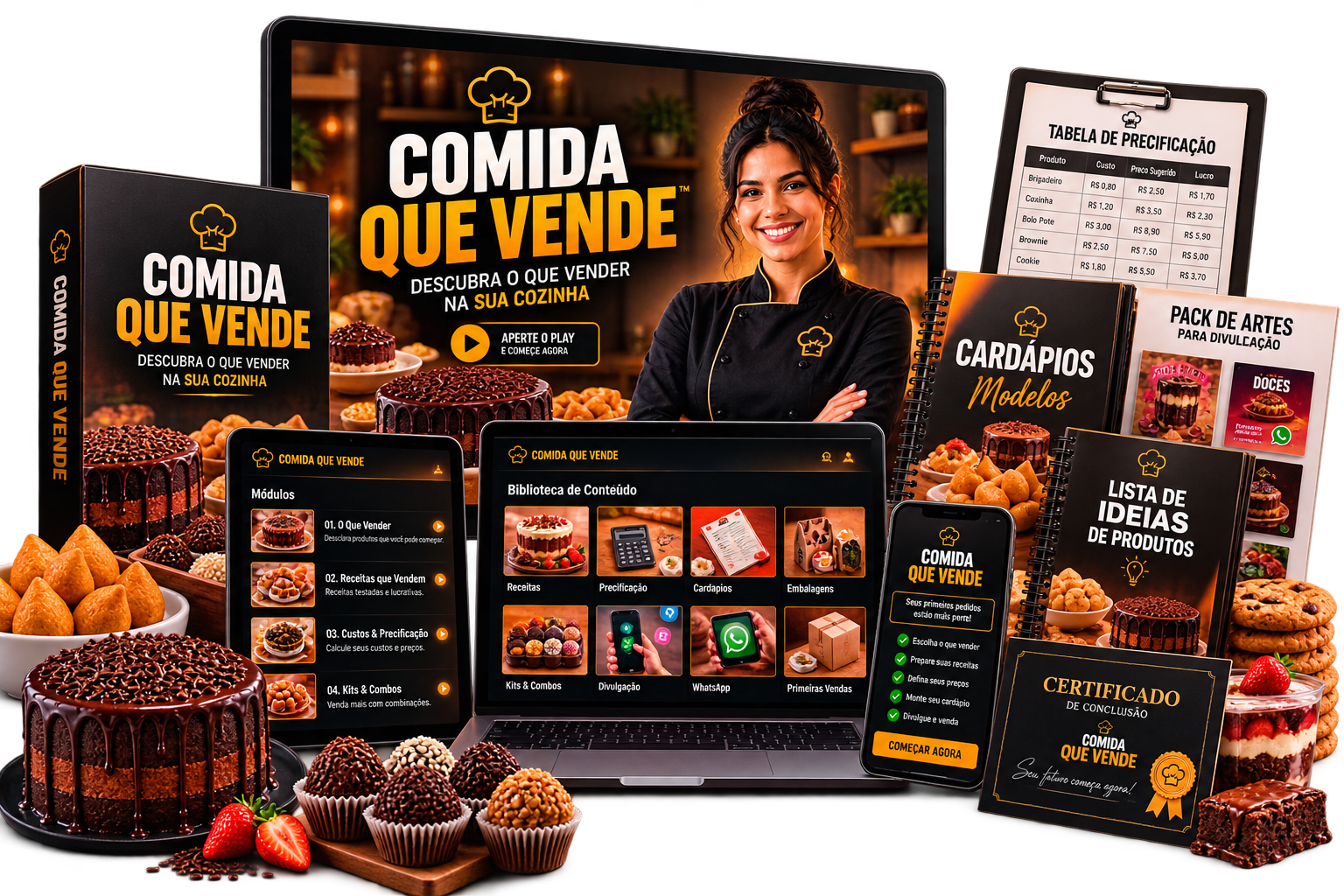 Mockup premium do produto digital Comida que Vende com biblioteca, calculadora, cardápios e modelos de divulgação
