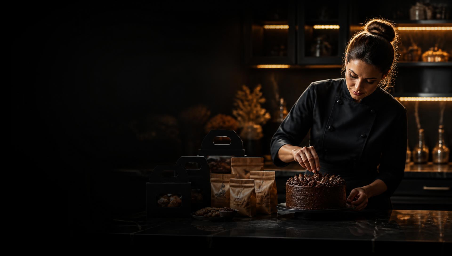 Chef profissional finalizando um bolo em uma cozinha escura e elegante, com produtos embalados à venda